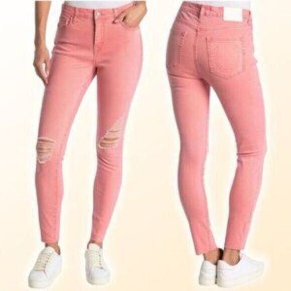 NWT TRUE RELIGION HALLE MID RISE SUPER SKINNY JEANS PINK PALOMA RIPPED Sz 27 - Picture 1 of 9